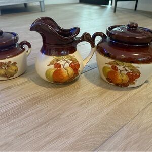 McCoy Ceramic Fruit Design Pitcher and Jar Set - Brown and Cream